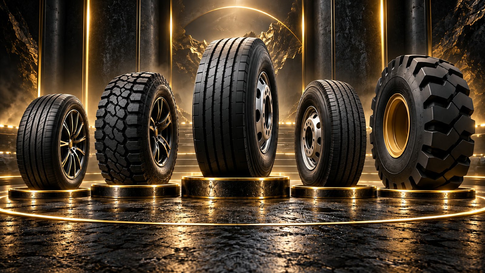 BLACKSMITH best-selling tyres displayed on illuminated bronze podiums, spanning passenger, off-road and heavy-duty categories.