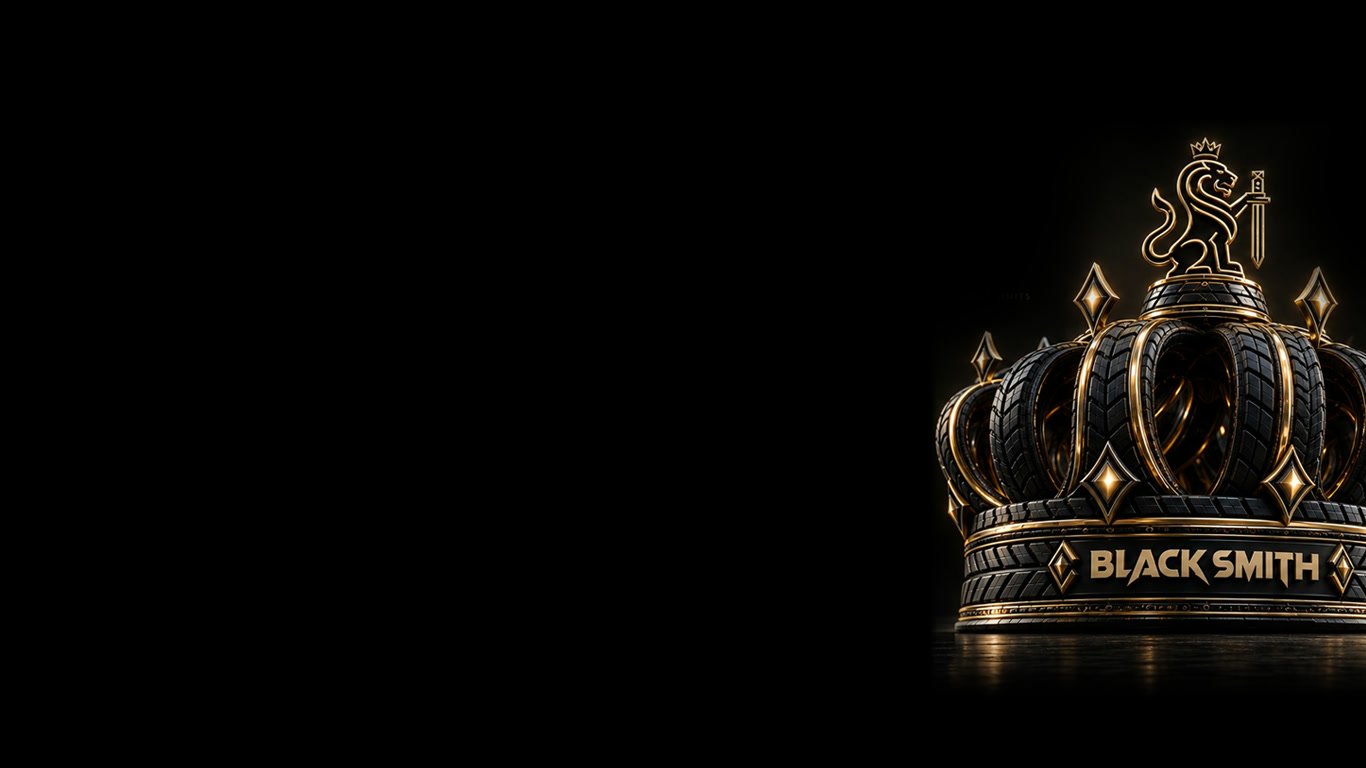 The BLACKSMITH crown, forged from tyres and bronze — the mark of the house.